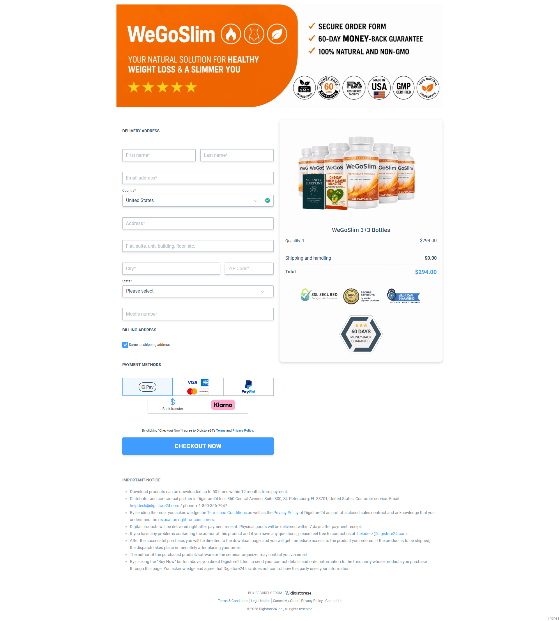 Checkout Order Form Of WeGoSlim